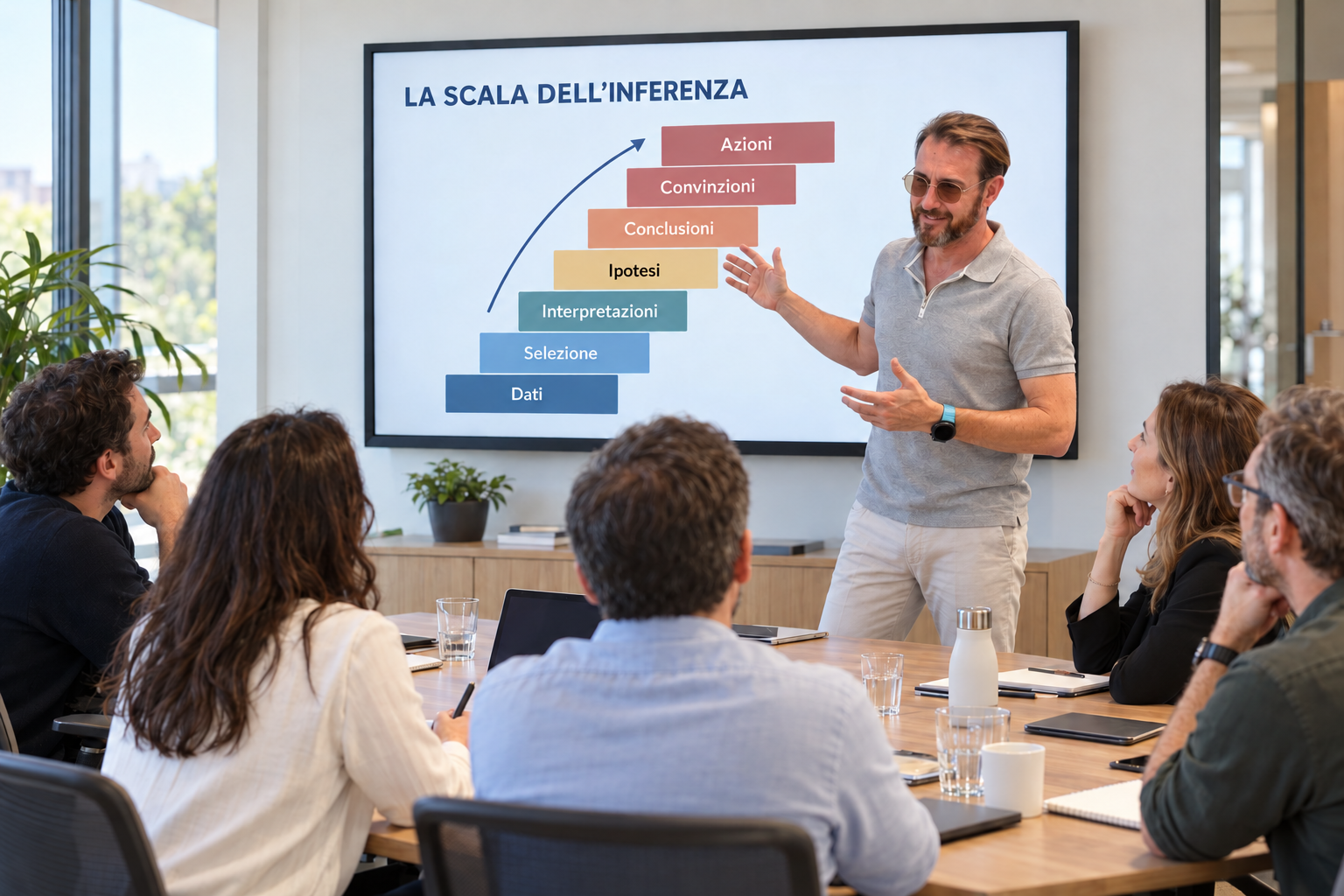 Ricostruzione illustrativa con IA di Maurizio Seneci che presenta la scala dell’inferenza a un gruppo in sala riunioni.